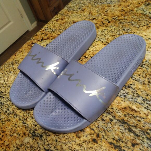 Victoria's Secret Pink Bling Logo Strap Slides Sandals Dusty Periwinkle Sz 9.5 - Picture 3 of 11